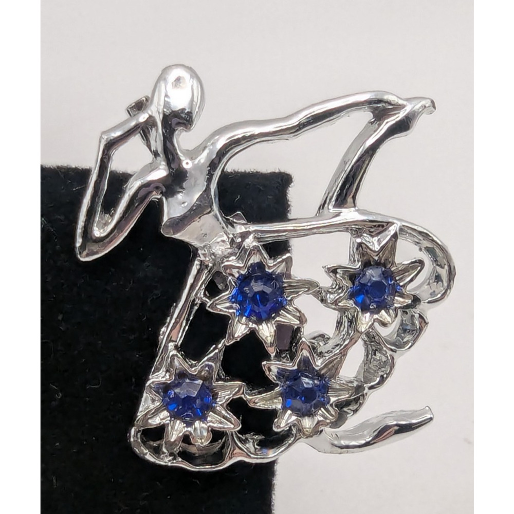 GERRY'S Ballet Dancer Blue Rhinestone Brooch Silver Tone Vintage Figural 1.5in